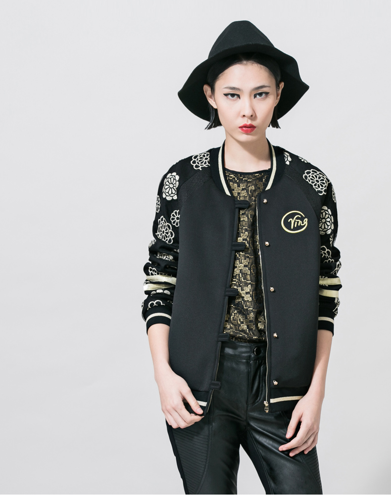 
                                        VING春装新款高端女装刺绣棒球服时尚运动衫修身短款外套夹克9531411011 黑色 XL                