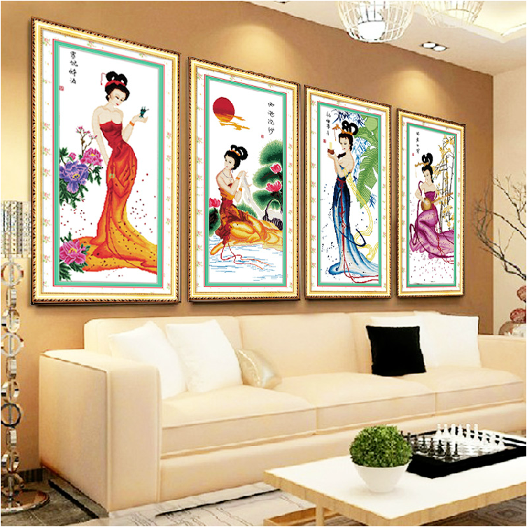 皇家至尊蒙娜丽莎十字绣新款客厅古代四大美女挂画壁画艺术画大幅仕女图系列四大美人走廊画 棉线1套4个新款贵妃醉酒45.