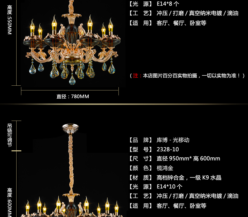 库博－光移动 欧式锌合金水晶吊灯客厅灯餐厅蜡烛复式别墅楼梯吊灯灯具 2368 榄鸿金12+6头吊灯两层