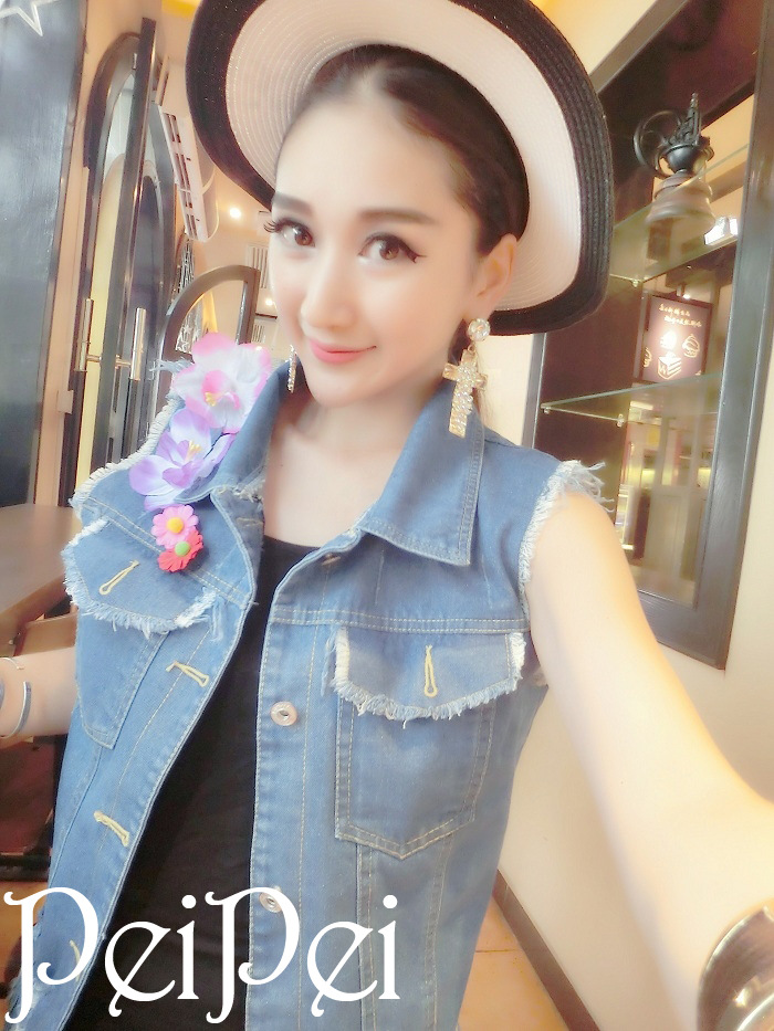 闰楷2015新款女装百搭个性立体装饰花做旧牛仔马夹马甲2303 蓝色 S
