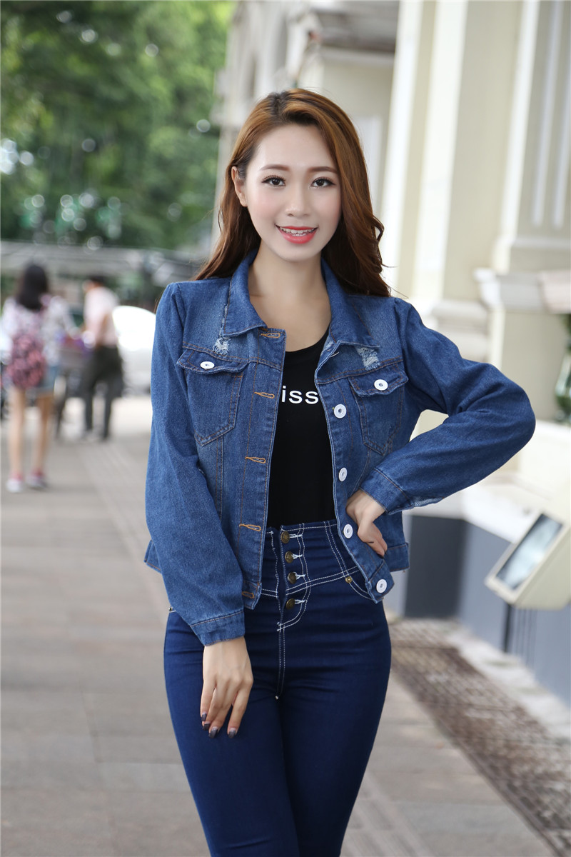 芮婕店*2015秋冬新款磨破洗水蘑菇头小姑娘牛仔外套上衣女9853# 蓝色 均码