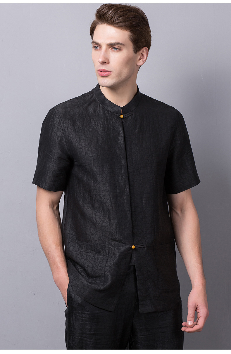香云纱真丝中式立领短袖衬衫男士宽松复古风桑蚕丝衬衣中国风男装黑色