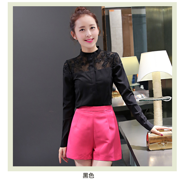 艾欧娜(EIONAR)2016春装新款雪纺衫女装修身时尚小立领长袖衬衫JD71AS22 黑色 M