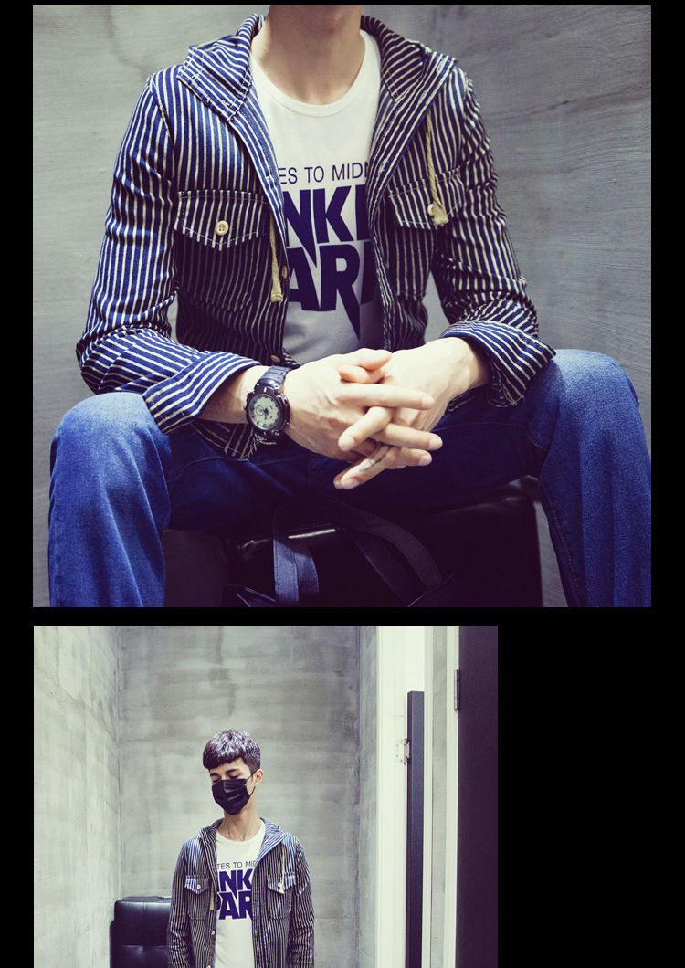 丹杰仕2015休闲牛仔装男 男士牛仔水洗条纹外套潮品连帽休闲上衣 条纹