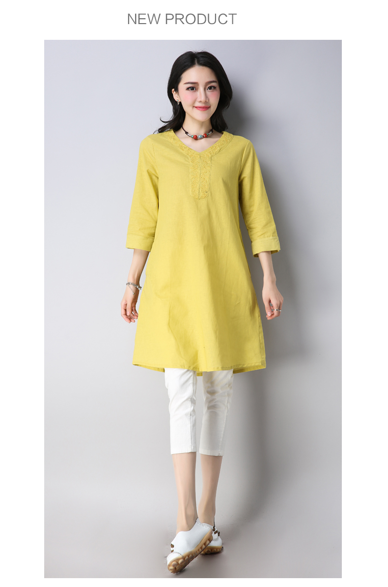 子牧棉麻2018夏季新款 女新品 民族风女装中袖v领刺绣连衣裙6666 湖