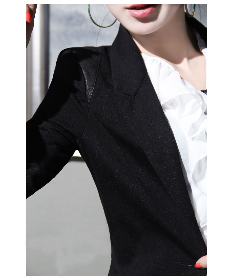 月汐2015秋装一粒扣中长款修身黑色拼皮女装小西服Y80138 黑色 M