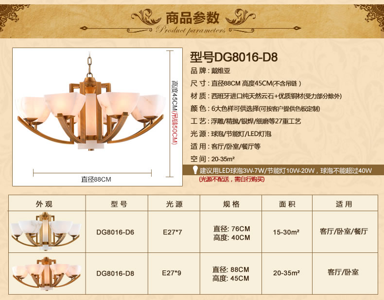 
                                        戴维亚（DAIWEIYA） 新中式全铜吊灯 天然云石客厅卧室餐厅过道走廊全屋购套餐吸顶灯 H8068-8套餐 天然云石7天出货                