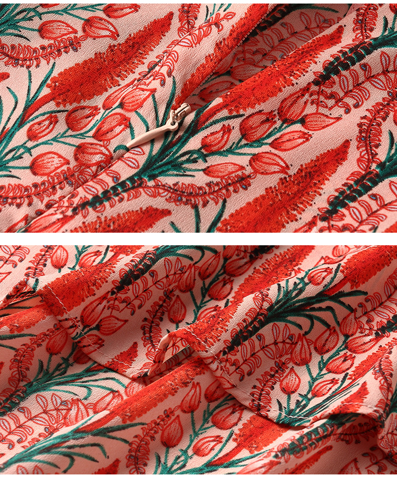 新款v领印花雪纺连衣裙修身显瘦中长碎花a字裙7984 花色 s_现价500元