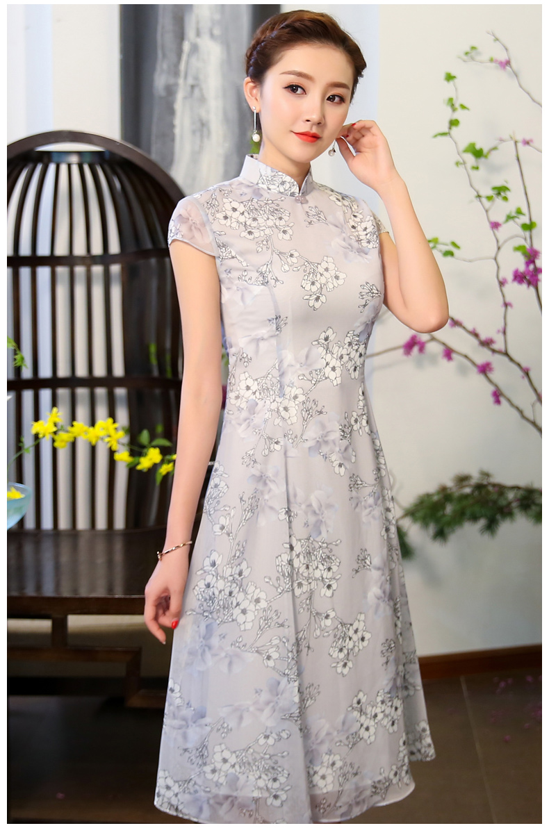 中式连衣裙 白黎2019夏季修身中长款改良短袖小碎花旗袍裙 浅灰色 s