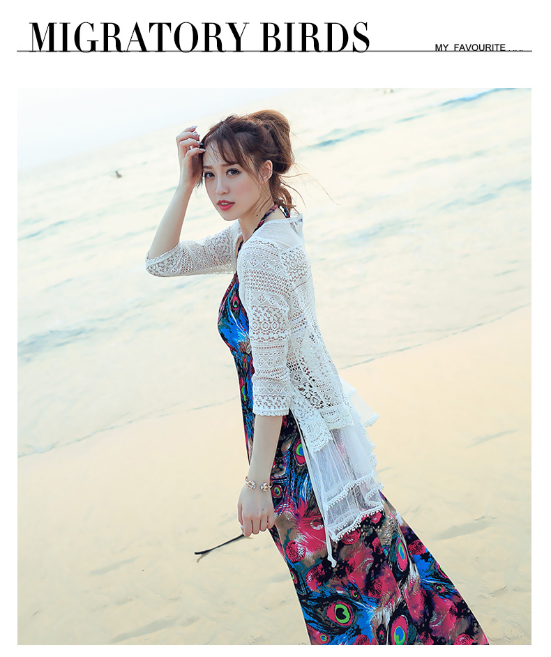 候鸟旅途新款开衫 女2015夏薄蕾丝开衫 波西米亚度假长袖系带 纯色显瘦白百搭上衣 纱网开衫 L