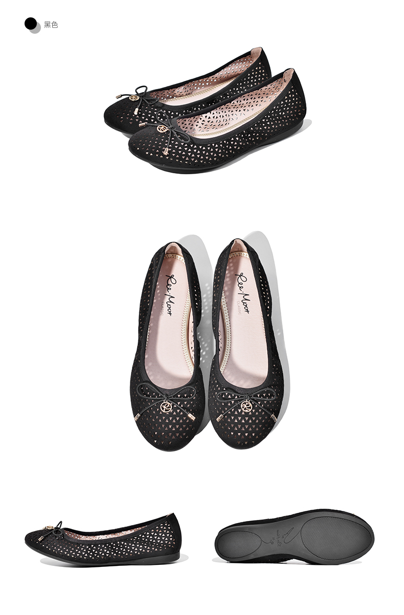 夏季新款蛋卷鞋镂空透气瓢鞋圆头蝴蝶结浅口平底鞋子睿慕女鞋22879 墨