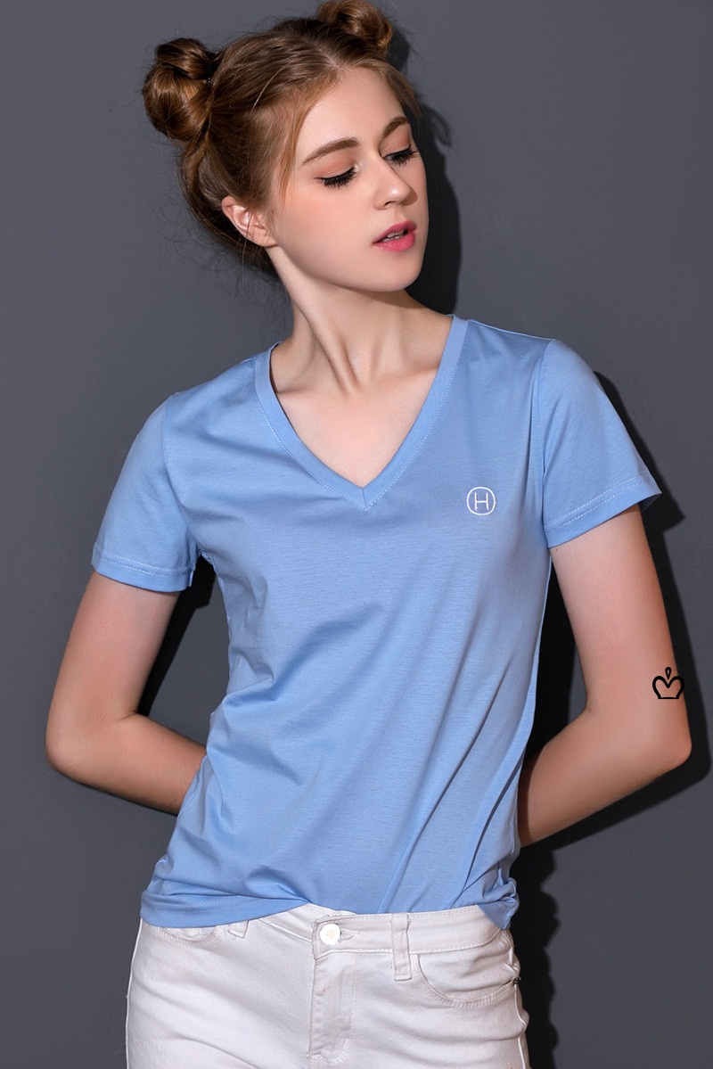 fennell 女夏装2018v领丝光棉短袖t恤女简约上衣 天蓝色 xl_现价321元