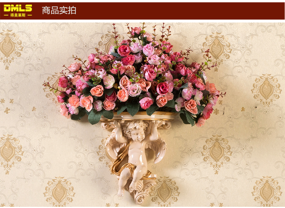 
                                        得美莱斯 欧式壁挂 仿真花瓶花篮墙面壁饰挂件花艺工艺品 家居墙上挂饰墙房屋装饰品创意 天使插花壁挂7套餐(带5束花)                