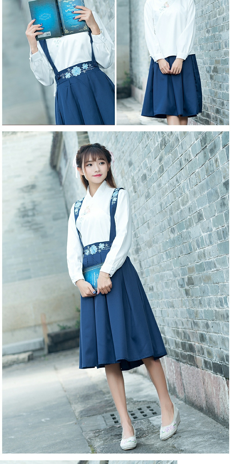 民国学生装班服校服改良汉服中国风古装服装绣花背带半身裙套装女 深