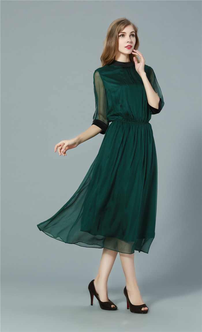 九月女装女装新款 欧洲站真丝长裙 欧美连衣裙 连衣裙 夏季 绿色 l