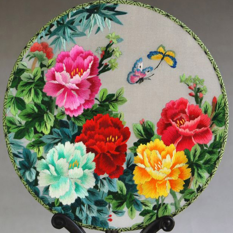 艺品印象 传统工艺品宫扇苏绣扇子带底座外事礼品出国送老外 手工刺绣