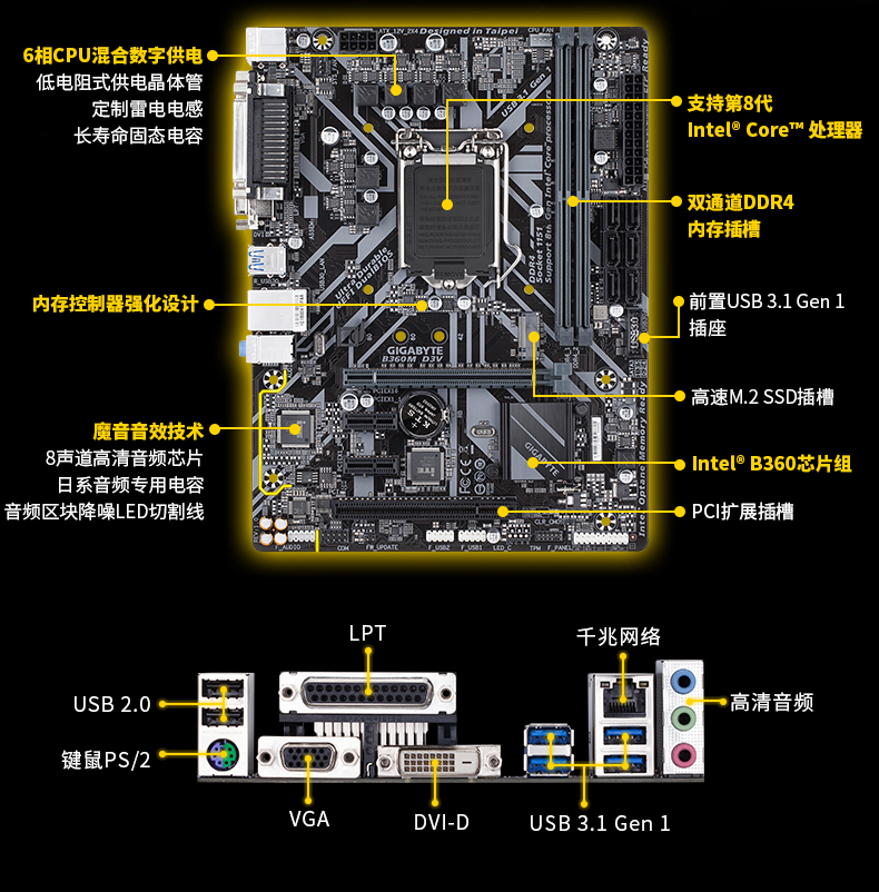 技嘉(gigabyte) b360m d3v台式机电脑主板m