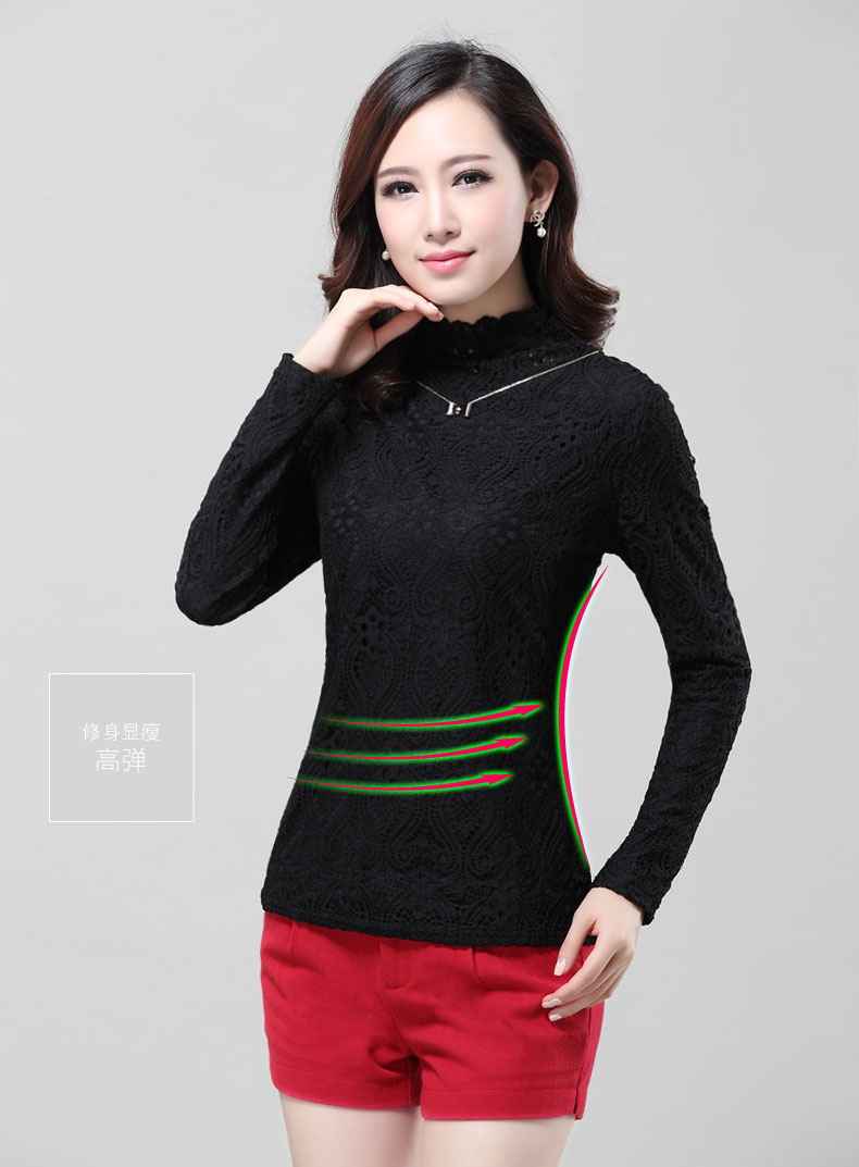 俏情朵 加绒加厚蕾丝打底衫 秋冬2015新款保暖上衣大码半高领长袖 酒红色 XXL