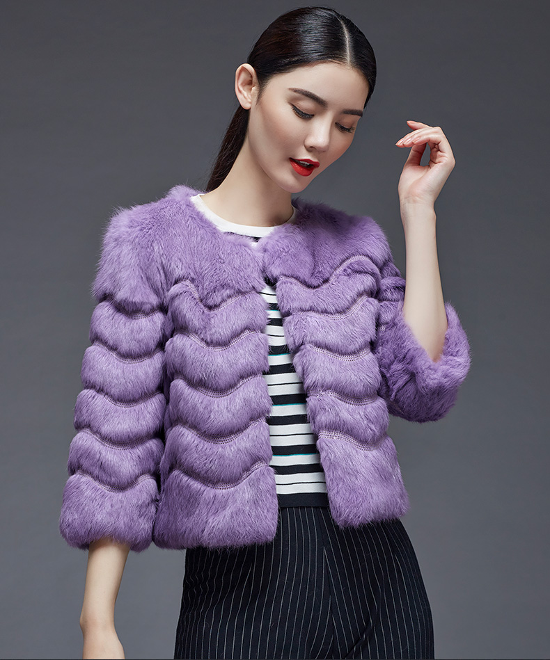 咔琦娜 冬季新款整皮兔毛圆领七分袖女士短款皮草外套 浅灰 2xl