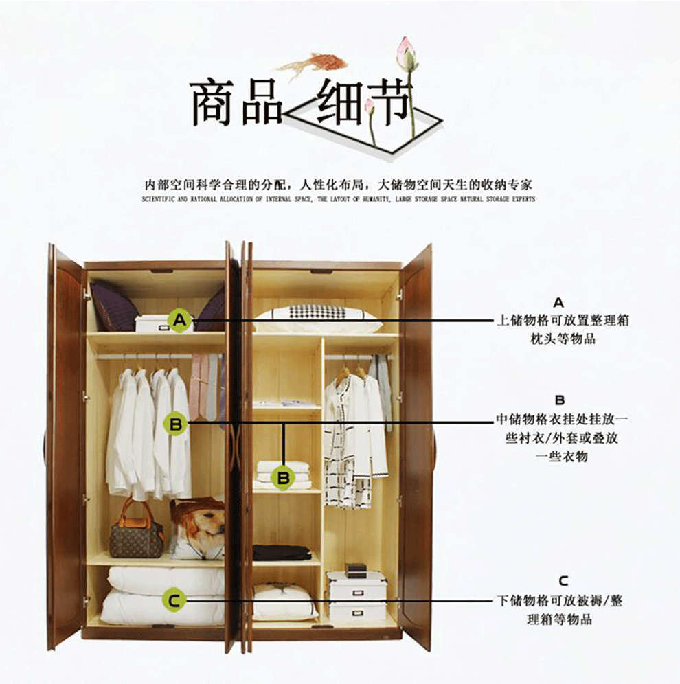 双叶家具现代简约实木衣柜4门3门2门大衣柜北美红橡木实木柜子胡桃色