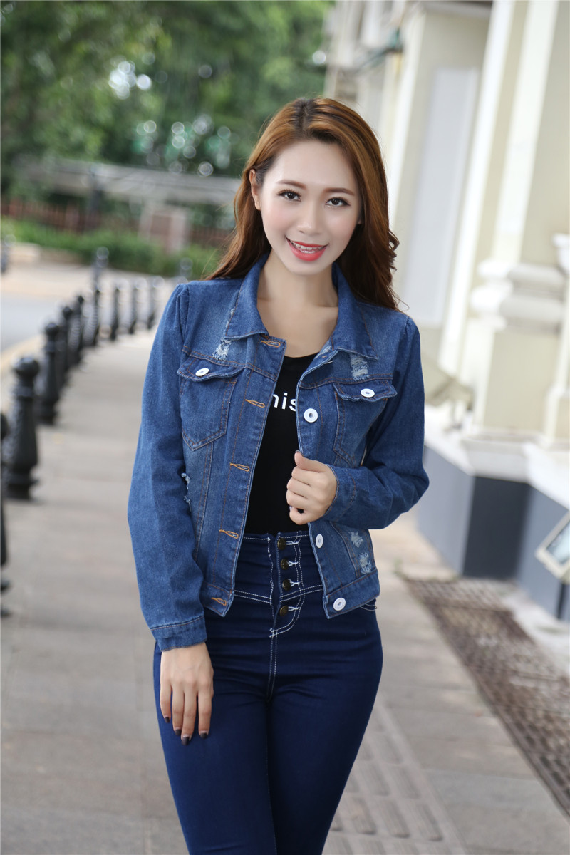 芮婕店*2015秋冬新款磨破洗水蘑菇头小姑娘牛仔外套上衣女9853# 蓝色 均码