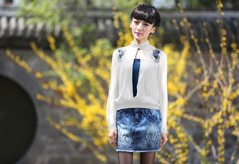 裂帛2016新款 绣花长袖雪纺 针织吊带 假两件女5114007C 黑色  M(胸围90.0/80.0)