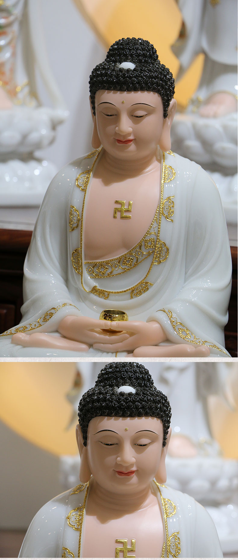 三漫陀汉白玉释迦牟尼佛像娑婆三圣摆件药师佛坐像佛教用品高40cm