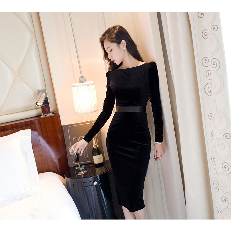 
                                                            蓝空气 晚礼服宴会酒会伴娘新娘结婚礼服秋冬款敬酒服女中长款包臀长袖性感修身长款连衣裙 玫瑰红色 S                