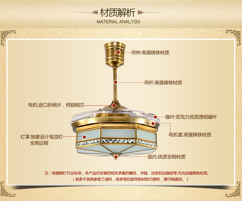 
                                        铜范灯饰全铜欧式带灯吊扇灯餐厅吊灯铜灯客厅卧室风扇灯具 风扇灯 宽45cm高46cm                