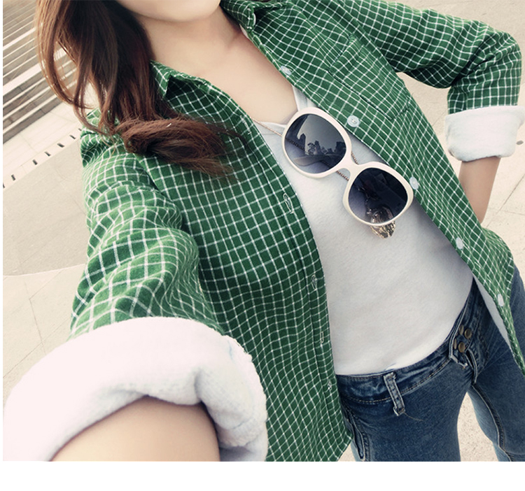 芮婕店 秋冬格子加厚衬衫学院风格子打底衬衣女学生外套 天蓝色 XL(加绒加厚)