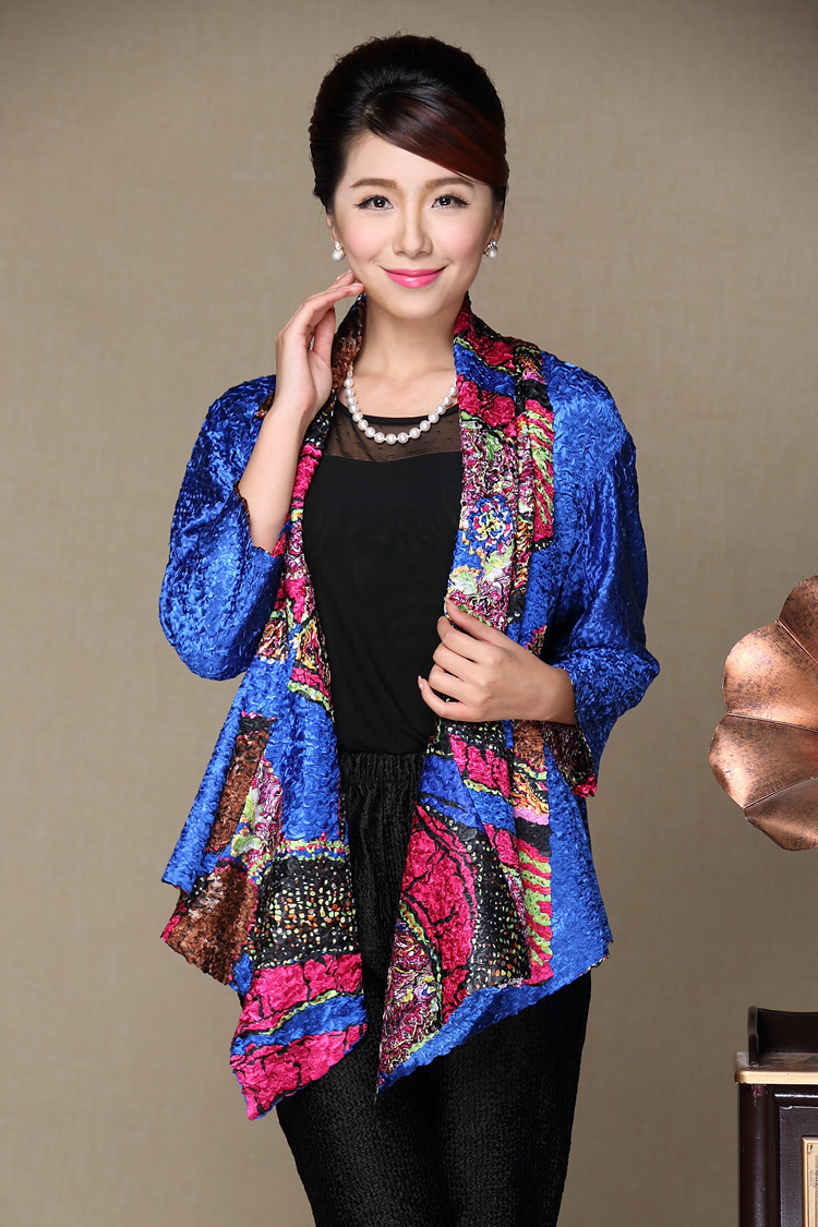 新款秋季无扣风衣外套时尚大气复古中老年妈妈装 蓝色 均码