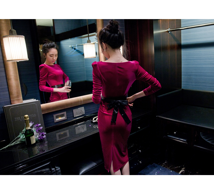 
                                                            蓝空气 晚礼服宴会酒会伴娘新娘结婚礼服秋冬款敬酒服女中长款包臀长袖性感修身长款连衣裙 玫瑰红色 S                