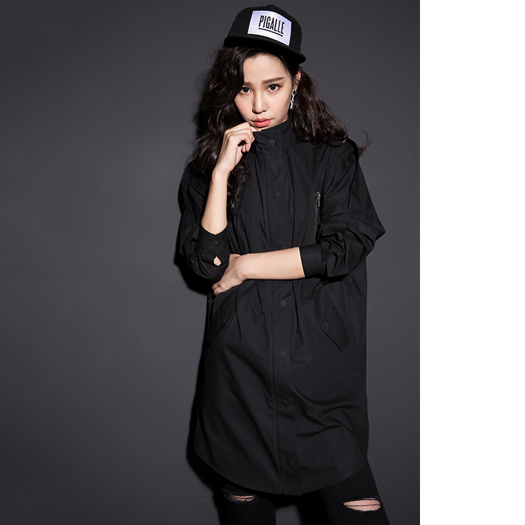 七格格秋新品工装风衣 中长款个性时尚街头风衣 女 黑色 M