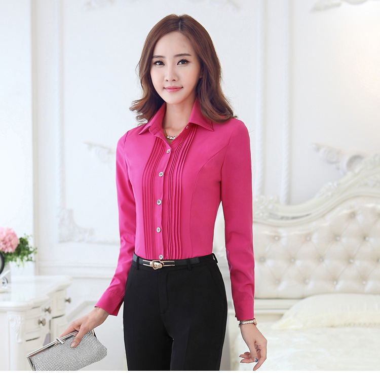 噢邸博 2015秋装新品长袖职业衬衫女韩版酒店工作服职业装衬衣 玫红衬衫+长裤 M