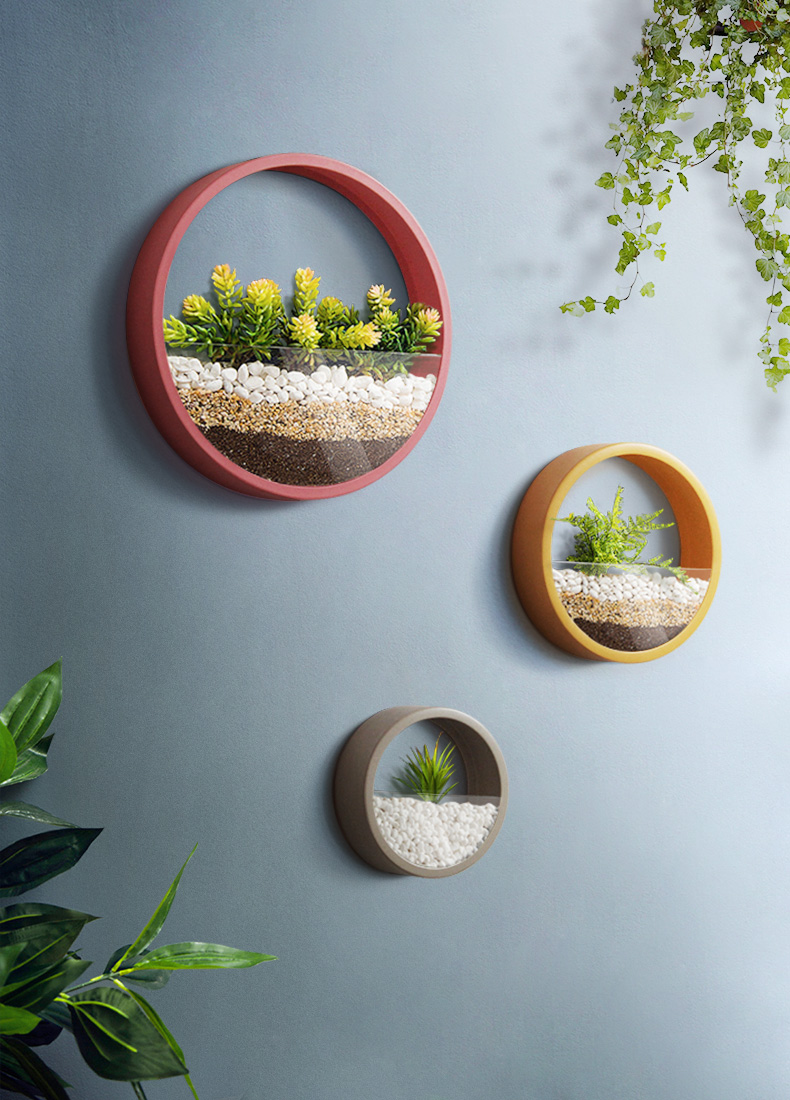 创意墙装饰品壁挂件墙壁简约彩色圆形多肉花卉植物花盆壁饰sn4393