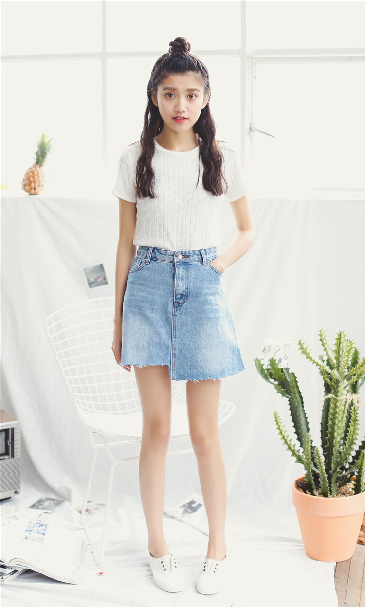 千潮汇 半身裙新款 宽松a字型百搭显瘦浅色牛仔裙女短裙 浅蓝色 s_ 2