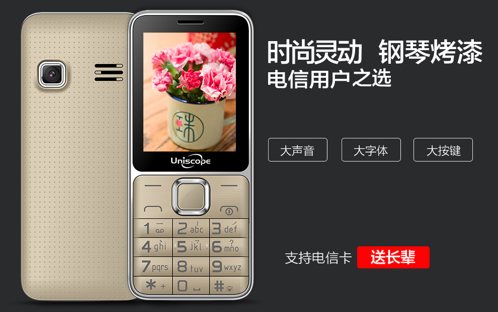 优思（Uniscope）US68v 电信2G老人手机 金色