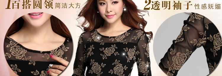 
                                        舒本 2018新款春秋女装上衣蕾丝网纱长袖T恤女休闲打底衫6120043 长袖黑色 M                