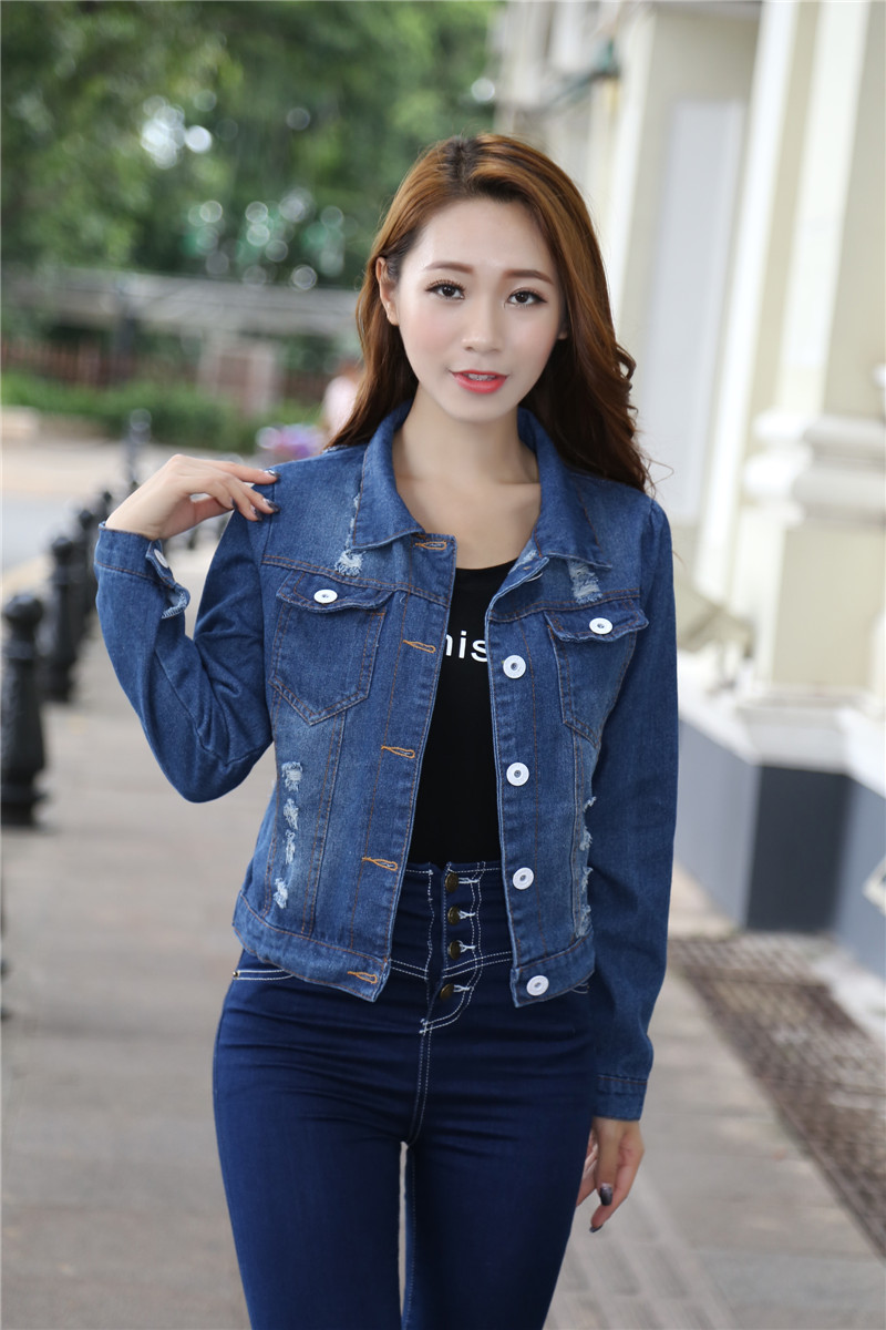 芮婕店*2015秋冬新款磨破洗水蘑菇头小姑娘牛仔外套上衣女9853# 蓝色 均码