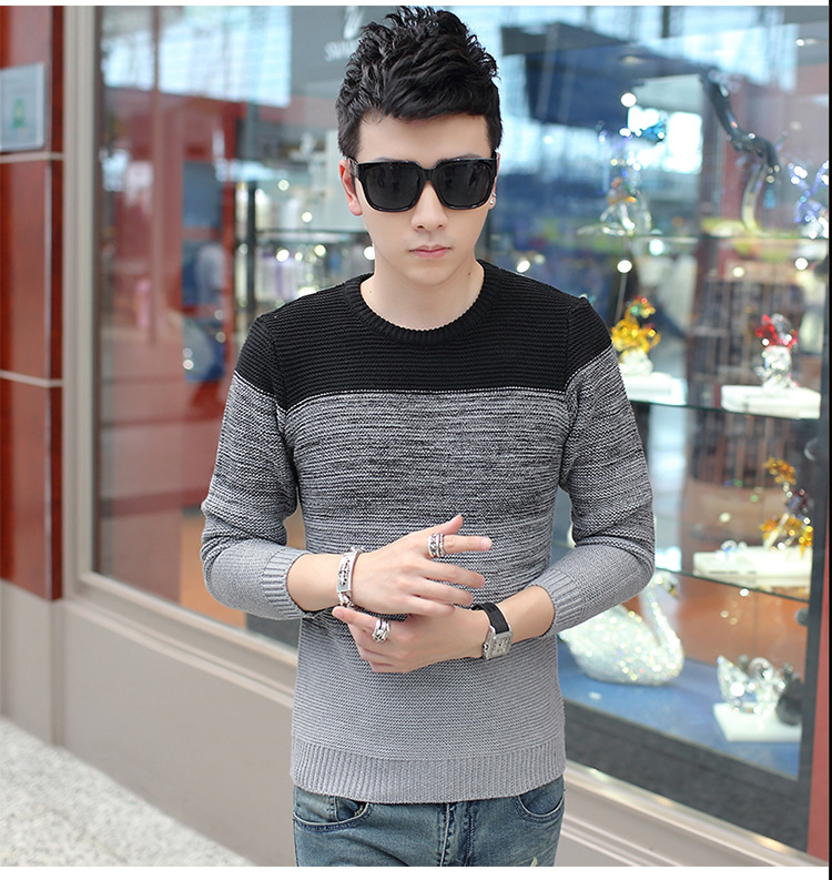 古仕卡特 秋装新款毛线衣男装韩版男士毛圆领针织衫男士打底衫 黑色 m