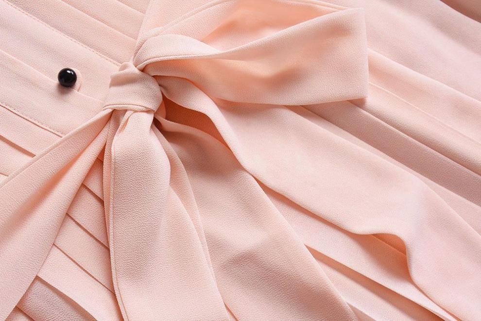 窈蕊黛圆领粉色压褶系腰带气质连衣裙潮2018春夏季新款女装甜美淑女小