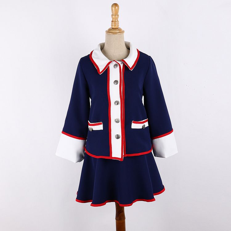 九月服饰店*名媛淑女气质单排扣外套半身短裙小香风时尚学院两件套装 深蓝色 S