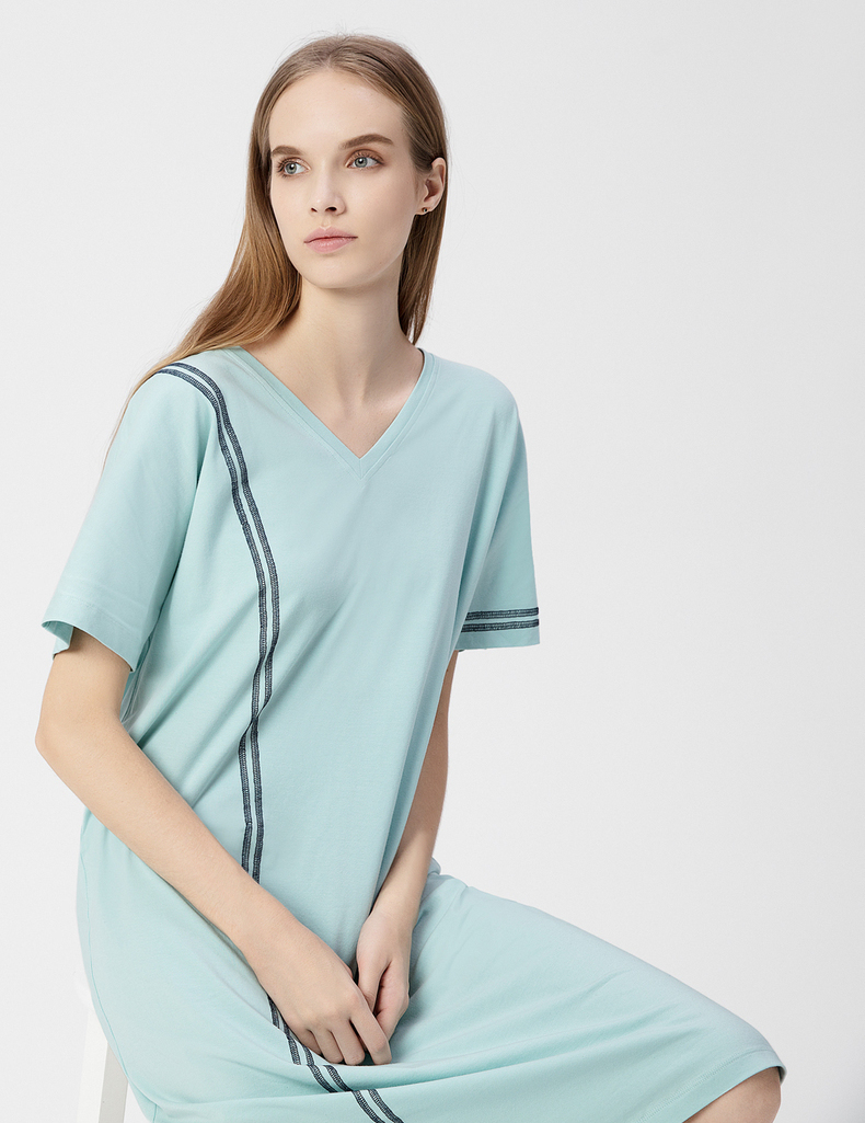 淳度夏季新款棉质睡衣女夏棉短袖居家服撞色宽松可外穿睡裙 浅碧色 m