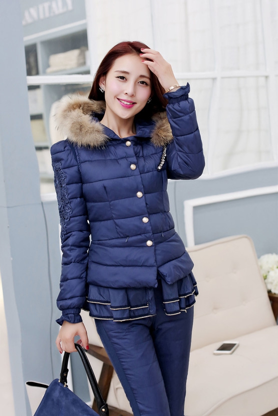娇女坊       2015秋冬装新款淑女装修身时尚蕾丝羽绒棉服三件套短款棉衣 紫色 L