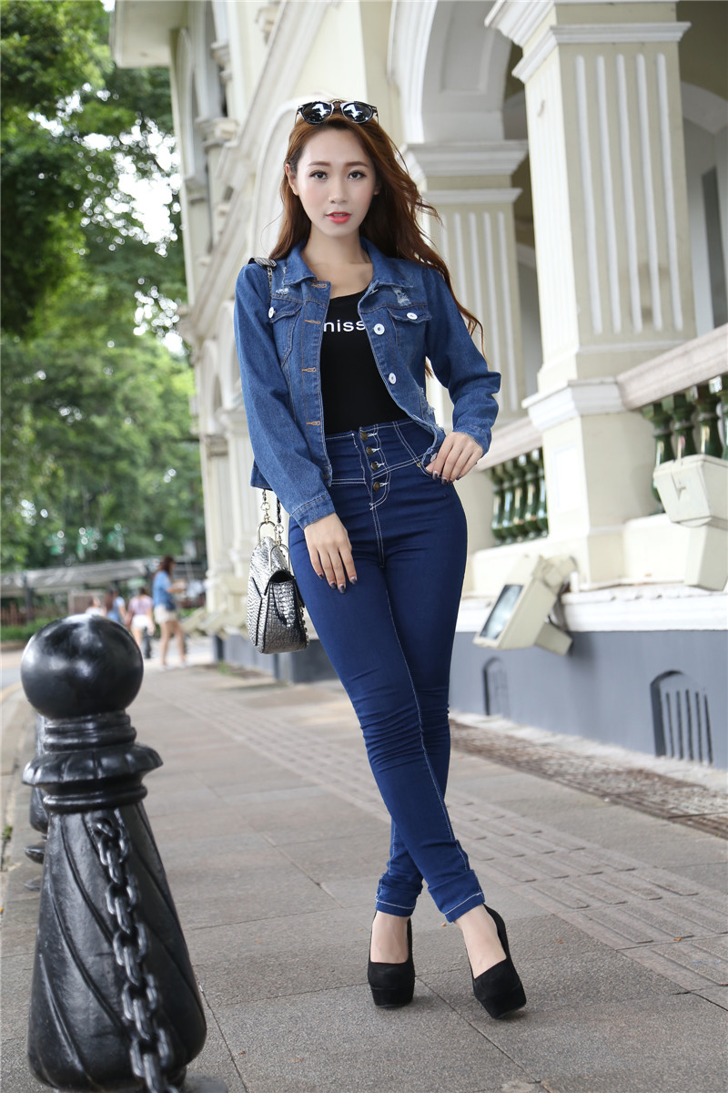 芮婕店*2015秋冬新款磨破洗水蘑菇头小姑娘牛仔外套上衣女9853# 蓝色 均码