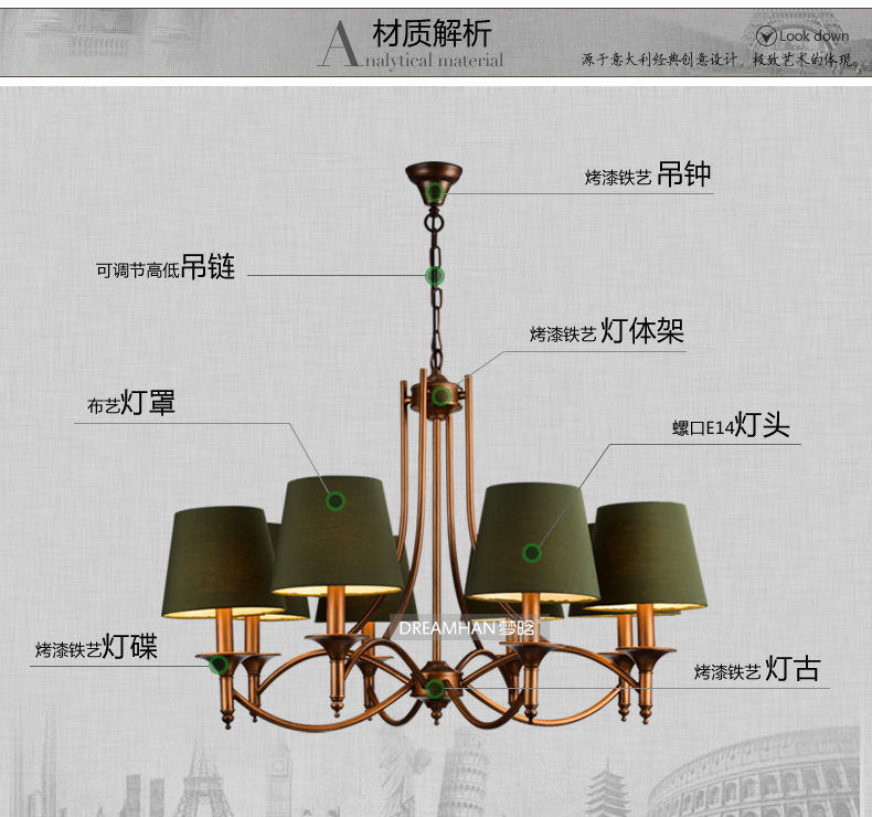 
                                        梦晗北美欧式灯吸顶灯铁艺卧室灯餐厅过道灯灯具灯饰m006 006-8                