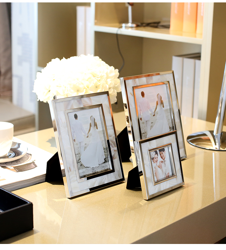 欧式样板间卧室床头摆件 高品质结婚礼物金属贝壳摆台相框6寸 7寸 白