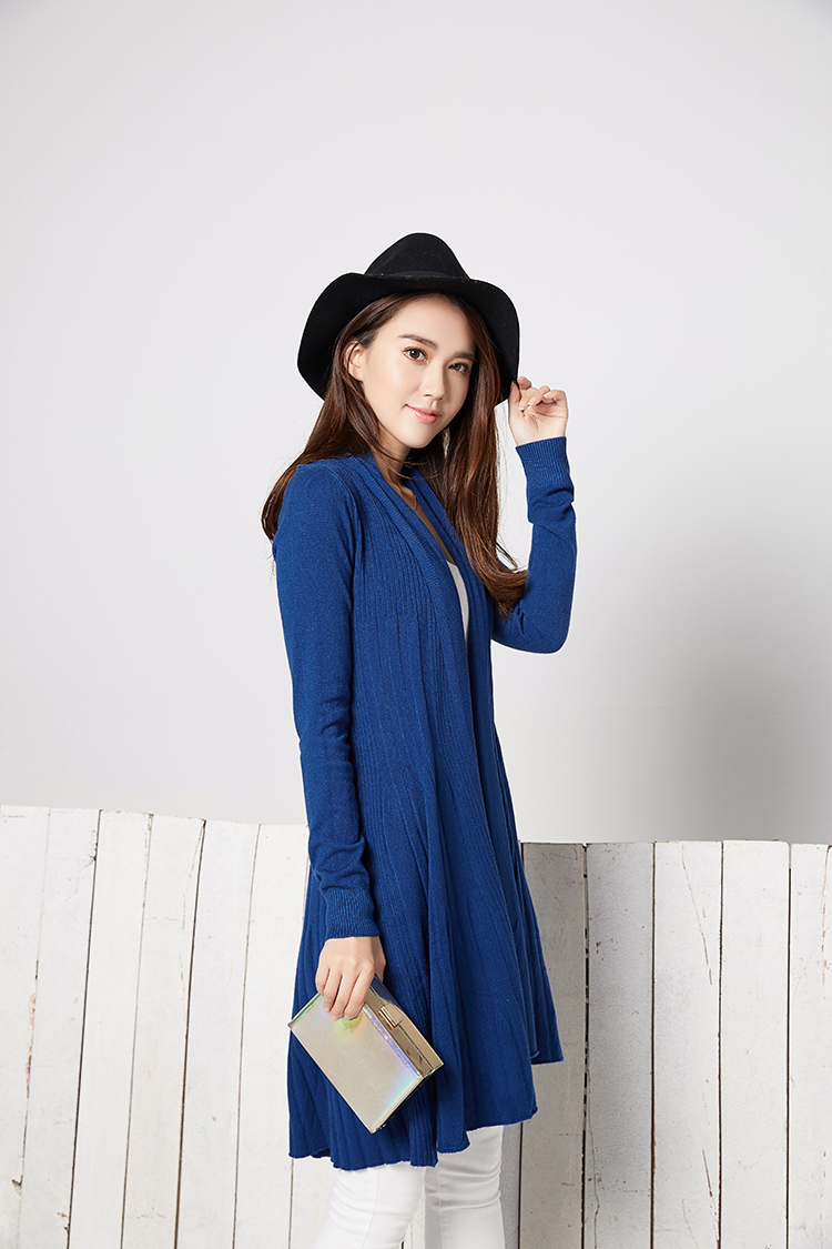 秋装新款女士针织衫中长款罗纹显瘦女开衫6015 蓝色 m