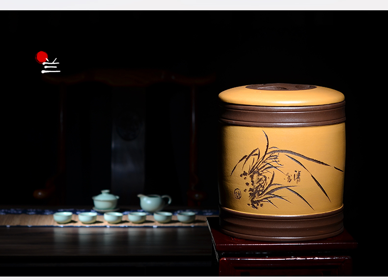 
                                        晨茗 宜兴紫砂茶叶罐大号普洱茶缸七子饼存茶醒茶罐 四色罐8饼装 棕色款                