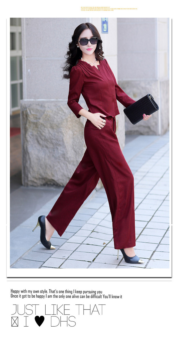 法琦玛帝休闲套装女2015秋装新款长袖上衣棉麻休闲裤女两件套长裤子韩版时尚职业阔腿裤套装女 灰色. M.